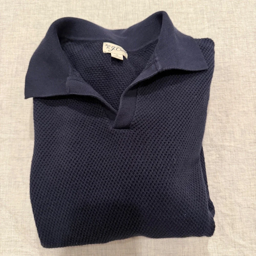 J.Crew Mens Navy Blue Textured Knit Johnny Collar 100% Cotton Polo Sweater Small
